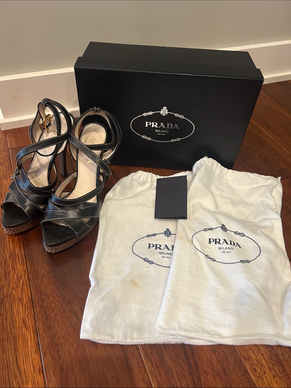 Prada Calzature Donna Black Leather Strappy Platform Heels